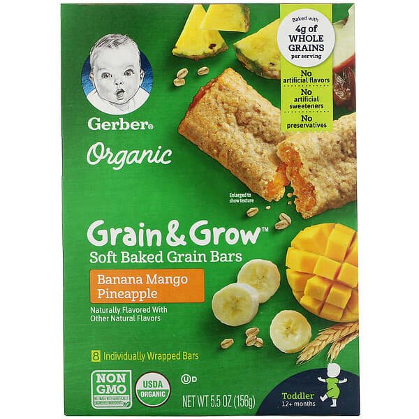 Gerber, Organic, Grain & Grow, Soft Baked Grain Bars, 12+ Months, Banana Mango Pineapple, 8 Individually Wrapped Bars, 0.68 oz (19 g) Each