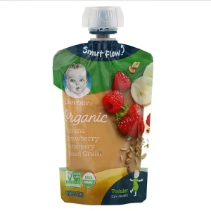 Gerber, Smart Flow, Organic, 12+ Months, Banana, Strawberry, Raspberry, Mixed Grain, 3.5 oz (99 g)