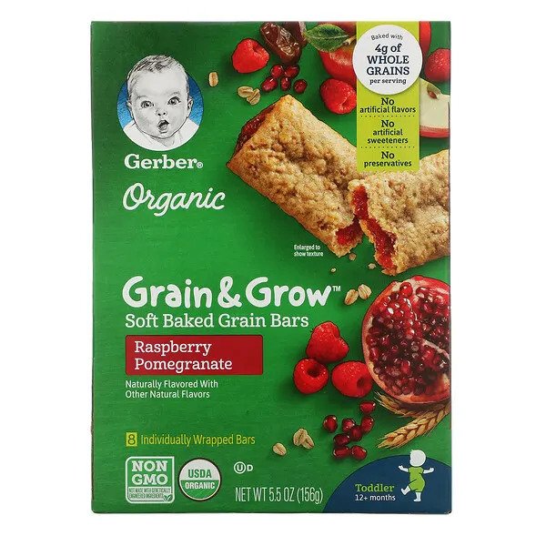 Gerber, Organic, Grain & Grow, Soft Baked Grain Bars, 12+ Months, Raspberry Pomegranate, 8 Individually Wrapped Bars, 0.68 oz (19 g) Each