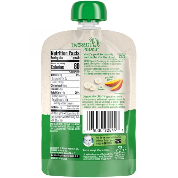 Gerber Organic for Baby 2nd Foods Banana Mango Puree 3.17 oz 90 g Back