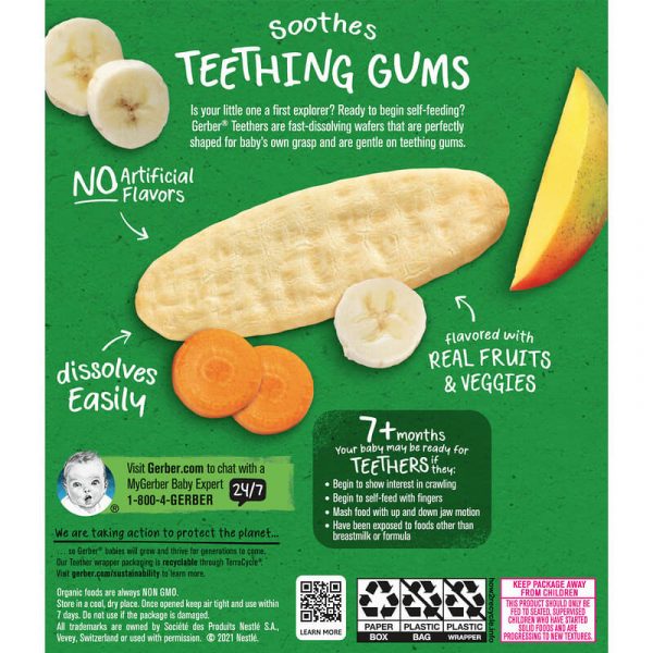 Gerber, Organic for Baby, Gentle Teething Wafers, 7+ Months, Mango Banana Carrot, 12 Individually Wrapped 2-Packs, 2 Wafers Each-Back
