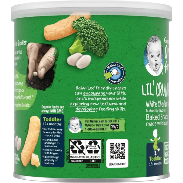Gerber Organic for Toddler Lil Crunchies Baked Snack Made with Beans 12 Months White Cheddar Broccoli 1.59 oz 45 g Back