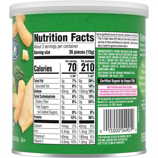 Gerber, Organic for Toddler, Lil' Crunchies, Baked Snack Made with Beans, 12+ Months, White Cheddar Broccoli, 1.59 oz (45 g)-Nutritonal Facts