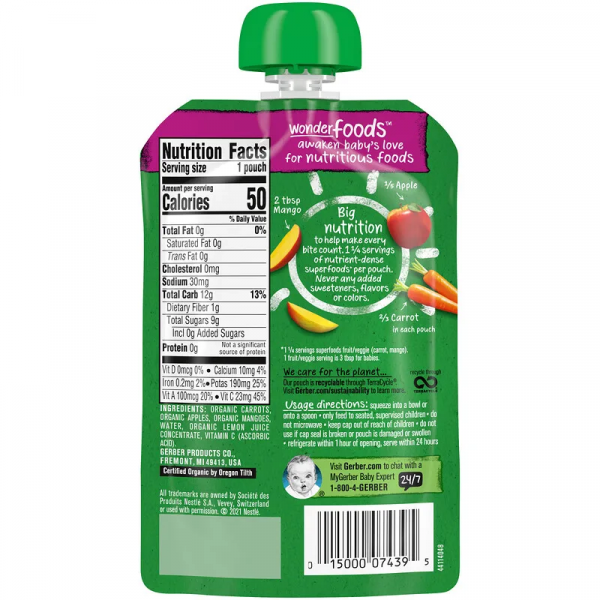 Gerber, Organic for Baby, Wonder Foods, 2nd Foods, Carrot, Apple, Mango, 3.5 oz (99 g)