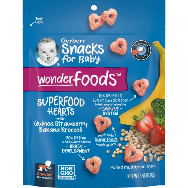 Gerber, Snacks for Baby, Wonder Foods, Puffed Multigrain Snack, Superfood Hearts, 10+ Months, Quinoa, Strawberry, Banana, Broccoli, 1.48 oz (42 g)