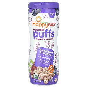 Happy Family Organics, Happy Baby, Superfood Puffs, Organic Grain Snack, Purple Carrot & Blueberry, 2.1 oz (60 g)_front