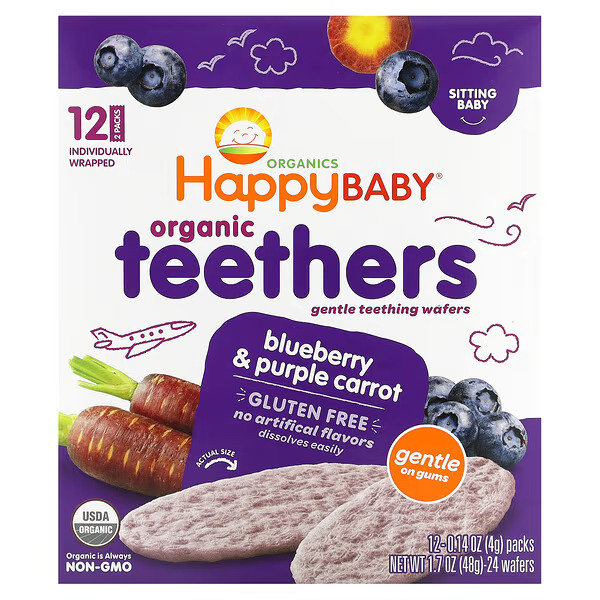 Happy Family Organics, Organic Teethers, Gentle Teething Wafers, Blueberry & Purple Carrot, 12 Packs, 0.14 oz (4 g) Each_front