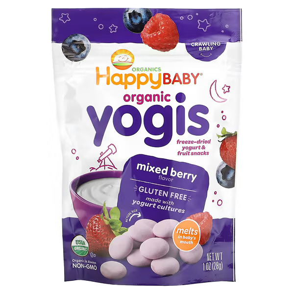 Happy Family Organics, Organic Yogis, Freeze Dried Yogurt & Fruit Snacks, Mixed Berry, 1 oz (28 g)_front